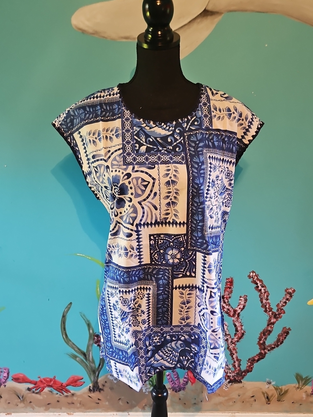 Johnny Was Blue and White Patchwork Print Tunic